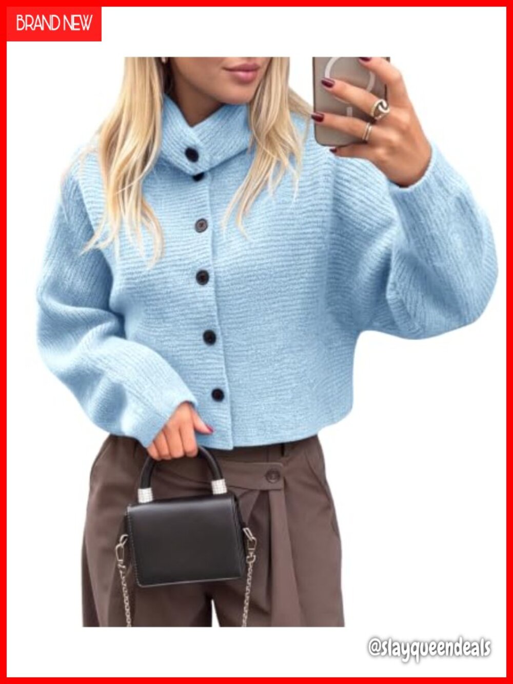 Mock Neck Button Down Cropped Cardigan Sweater Women Lantern Sleeve Knit